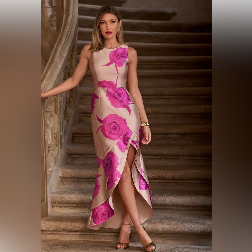 NEW! Beautiful Boston Proper Elegant Floral Rose Pink Ruffle Dress Gown